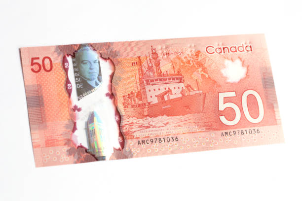 New Polymer Canadian Fifty Dollar Bill - Back Angle Back of the new Canadian 50 dollar bill, released into circulation March 26, 2012. Made from a polymer of biaxially-oriented polypropylene (BOPP) it makes the bills more durable and harder to counterfeit. The back depicts the CCGS Amundsen ship in Canada's north, to commemorate the Canadian Coast Guards 50th anniversary. 50th anniversary photos stock pictures, royalty-free photos & images