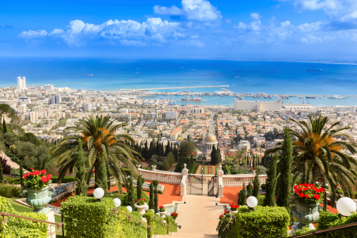 City of Haifa in Israel with the Bahai Garden and the habor in the back