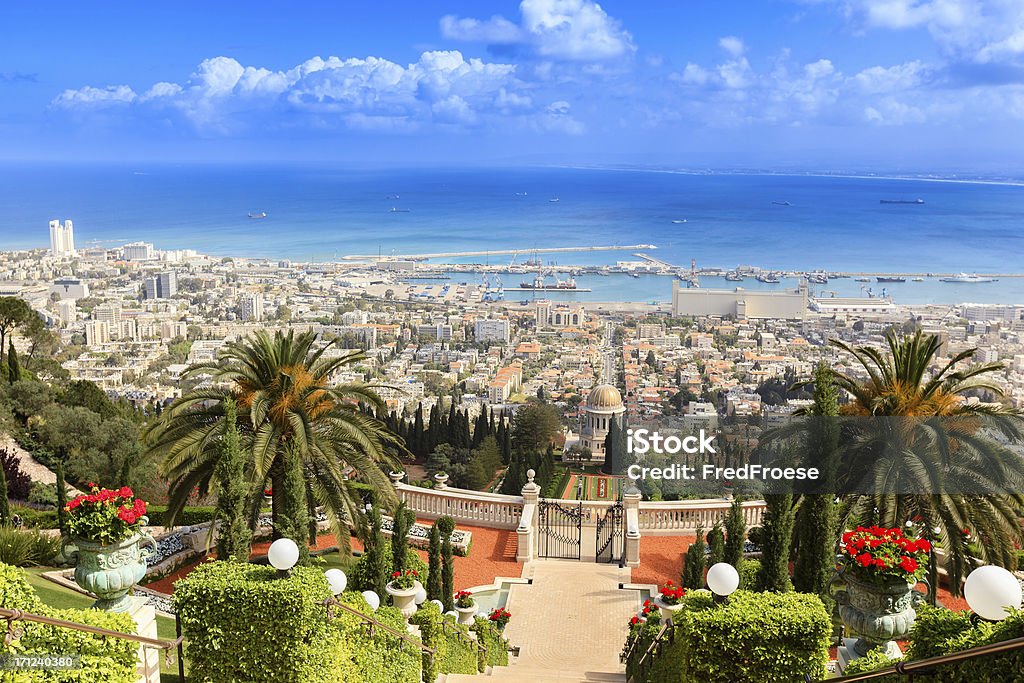 Haifa, Israel City of Haifa in Israel with the Bahai Garden and the habor in the back Israel Stock Photo