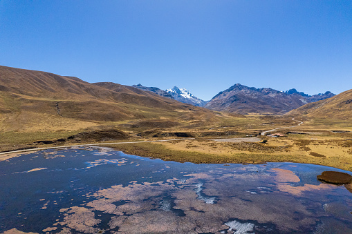 Aerial view of the Patococha lagoon, in the Ancash region, Peru