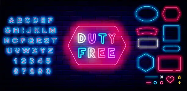 Vector illustration of Duty free neon sign. Geometric frames set. Colorful handwritten text. Shiny turquoise alphabet. Vector illustration