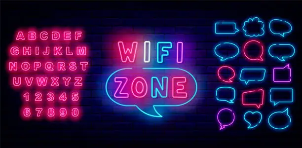 Vector illustration of Wifi zone neon label. Glowing internet sign for cafe and bar. Shiny pink alphabet. Vector stock illustration