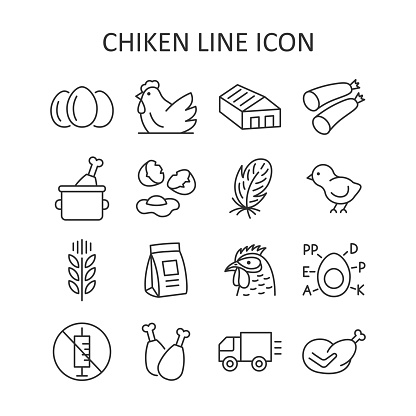 Poultry farm line icon set. Chicken, egg, feather, sausage, truck, forage line symbols. Vector illustration.