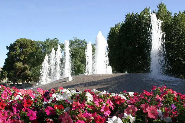 Water fountains with flowers as the foreground in Old Town Scottsdale, Arizona