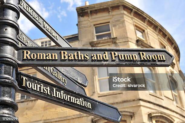 Direction To Roman Baths Stock Photo - Download Image Now - Bath - England, Road Sign, City