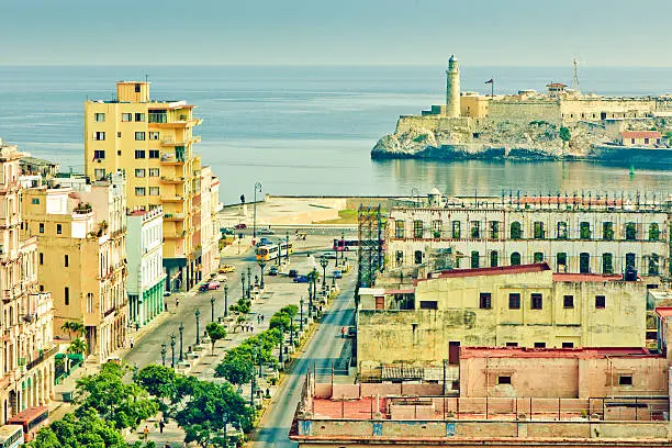 "View to el Prado and Castillo del Morro over the bay, Havana, Cuba"