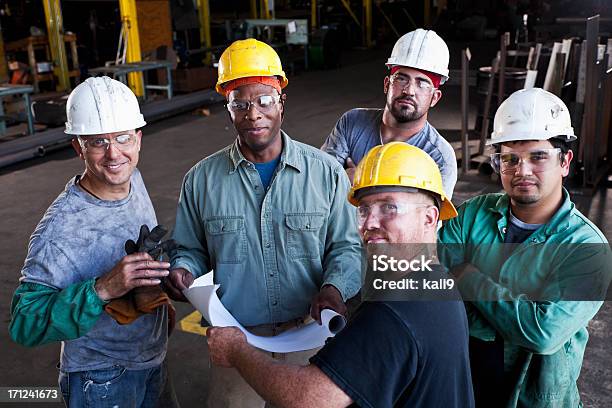 Multiethnic Workers In Fabrication Shop Stock Photo - Download Image Now - Manufacturing Occupation, Group Of People, Five People