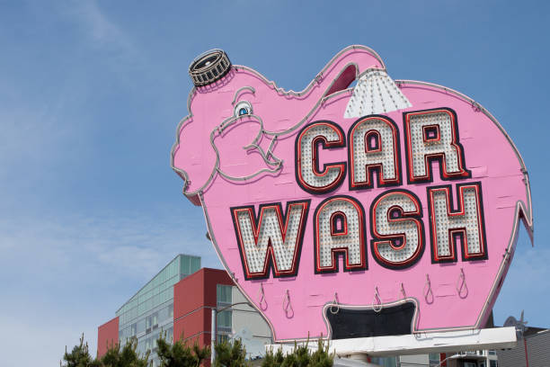 Iconic Pink Elephant Car Wash Sign stock photo