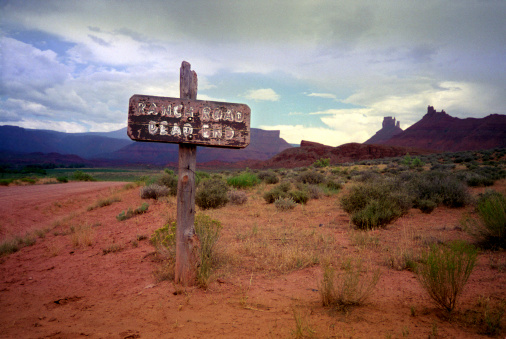 A foreboding sign on a dirt road near Moab, Utah.
