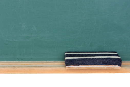 Old blank blackboard with wooden rectangular frame and empty label. Steel rings for hanging. Isolated on white background and copy space, template.