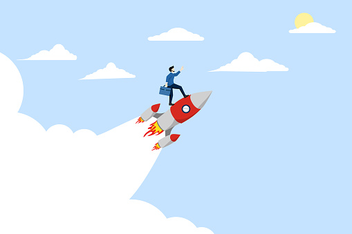 Business startup concept, Successful entrepreneurs start a business by riding a rocket that flies across the sky. project launch, goal achievement, flying rocket, business concept illustration.