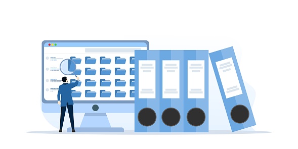 File search concept. Worker searches for files. employee uses a magnifying glass. File binder, blue folder with documents. File manager, data storage and indexing. flat vector illustration.