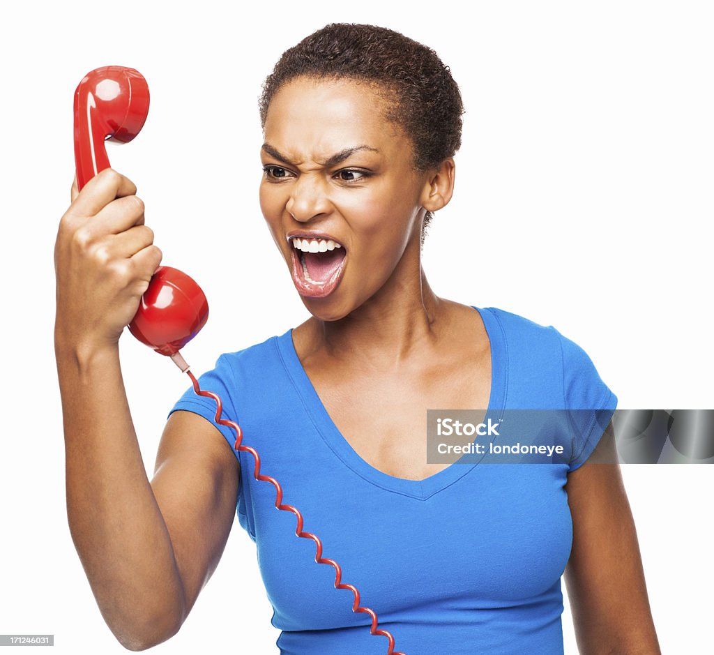 Afro-americana mulher gritando em um telefonema-isolado - Foto de stock de Adulto royalty-free