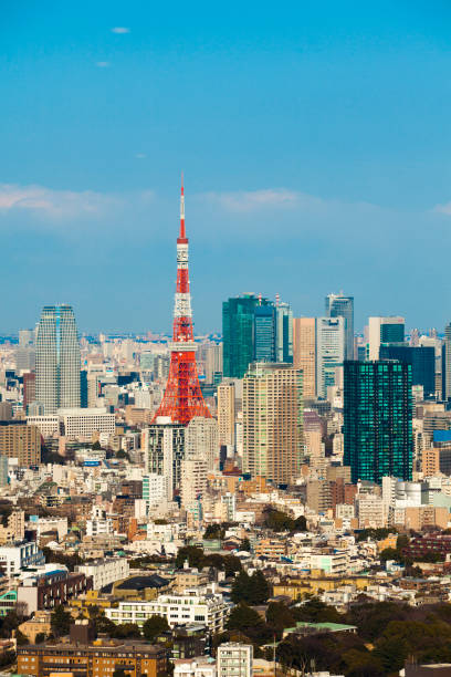 horizonte de la ciudad, con una vista del tokyo tower - tokyo tower shinjuku ward tokyo prefecture communications tower fotografías e imágenes de stock