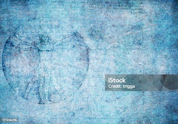 El Hombre De Vitruvio En Azul Con Textura De Fondo Foto de stock y más banco de imágenes de Arrugados - Arrugados, Arte cultura y espectáculos, Azul