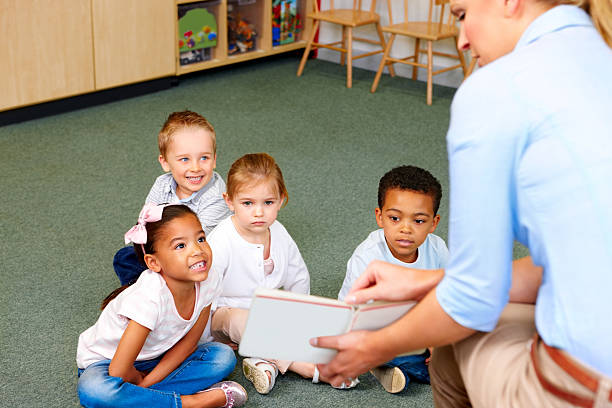 istock Kindergarten teacher in class reading to students 171247173