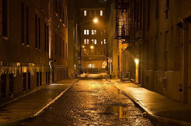Dark wet street A lonely cobblestone street on a wet rainy night in New York City.  alley stock pictures, royalty-free photos & images