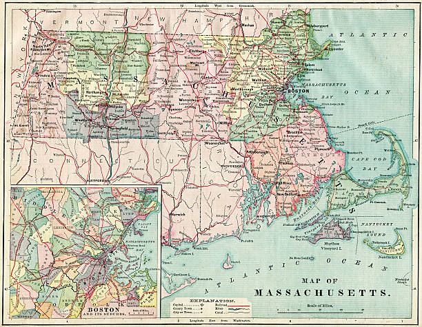 Massachusetts Map 1884 XXXL Very Detailed Physical Map Of Massachusetts From 1884 Available Up To XXXL Size. massachusetts map stock pictures, royalty-free photos & images