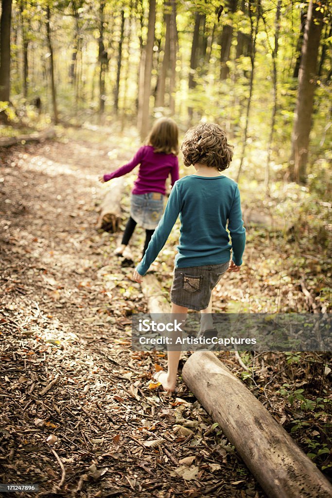 Two Sisters Walking Through Woods Together on Autumn Day Color image of two sisters walking together through the woods, outside on an autumn day.  Hiking Stock Photo
