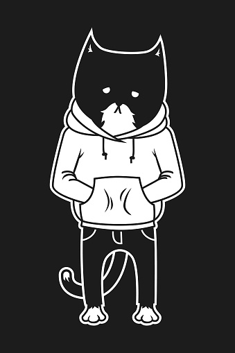 Cartoon sad black and white cat wearing jeans pants and hoodie/sweatshirt - vector illustration for dark background