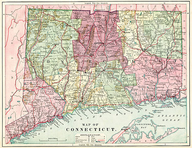 connecticut mapa 1884 xxxl - connecticut map fotografías e imágenes de stock