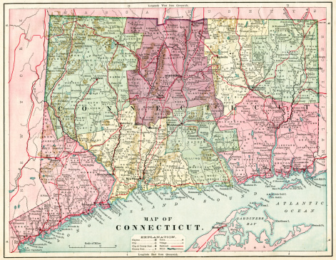 Very Detailed Physical Map Of Connecticut From 1884 Available Up To XXXL Size.