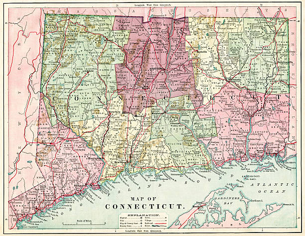 connecticut mapa 1884 xxxl - connecticut map - fotografias e filmes do acervo