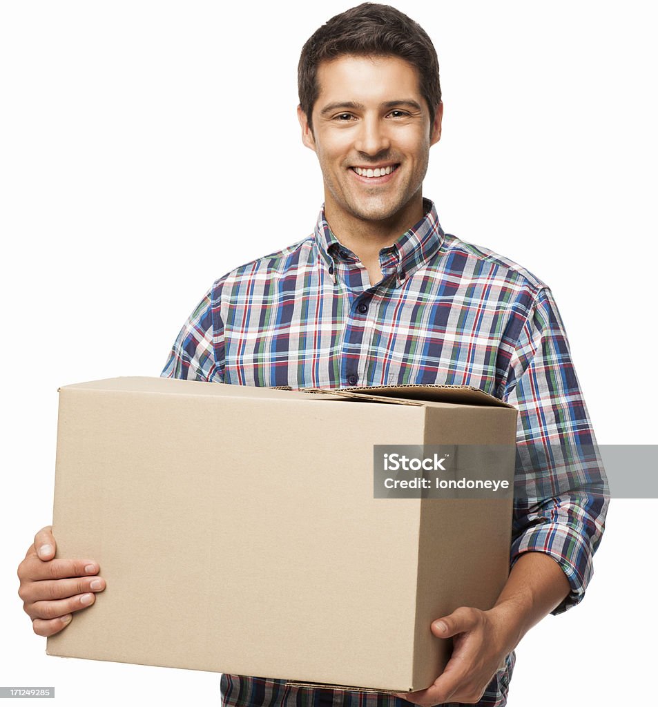 Jovem homem carregando uma caixa de papelão, isolada - Foto de stock de Caixa - Recipiente royalty-free