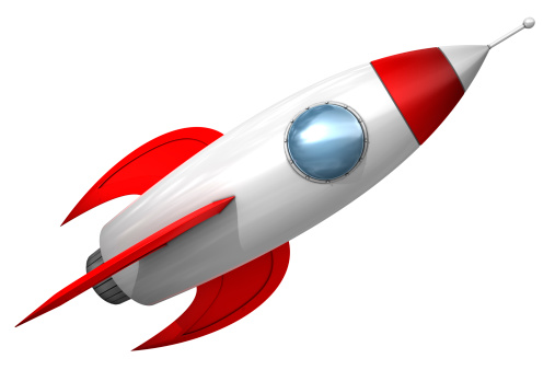 Cartoon style rocket on a white background.Could be useful in a outer space composition. This is a detailed 3d rendering.