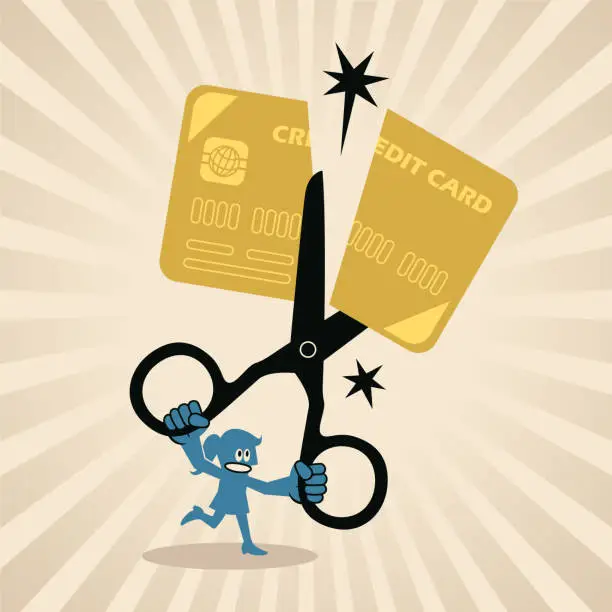Vector illustration of A businesswoman cutting off a credit card with scissors