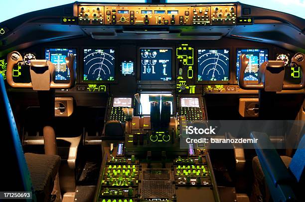 Inside A Flight Simulator Stock Photo - Download Image Now - Cockpit, Commercial Airplane, Airplane