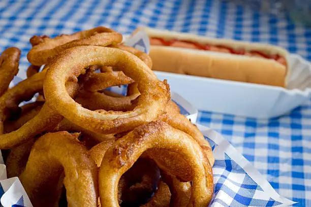 "Homemade onion rings1 onion, preferably Vidalia, peeled1 cup self-rising flour1 tablespoon sugar1 egg, beaten1 can less 3-4 Tablespoons, clear soda, 7-Up or Sprite Vegetable or canola oil for fryingSlice onions into thin rings, set aside. In a medium bowl, mix flour, sugar, egg, and soda (use amount as needed to thin the batter). Stir together until batter has a pancake batter-like consistency. Heat oil in a deep fryer or in medium heavy pot to 375 degrees. Dip onion slices in batter a few at a time. Deep fry until golden brown, remove with tongs and drain on paper towels. Serve immediately"
