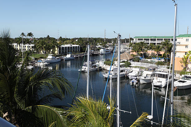 Harbor marina on Key Largo, Florida.  Yachts.  Copy space.  Horizontal. stock photo