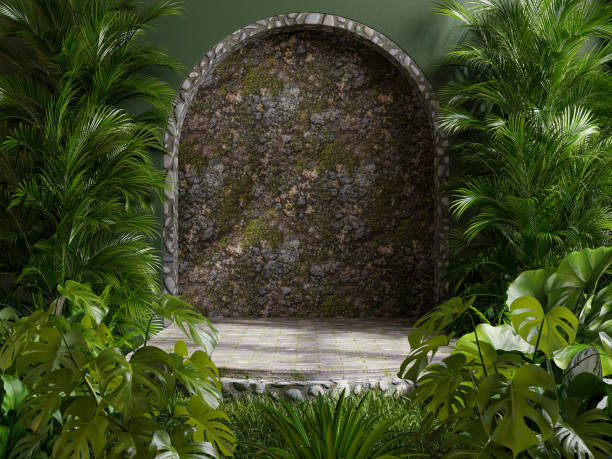 istock Concrete platform pedestal in tropical forest for product presentation and green forest 1712511973