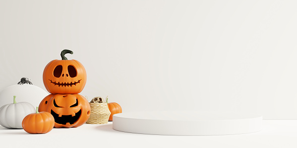 Halloween with pumpkin and empty minimal podium pedestal product display background.3d rendering