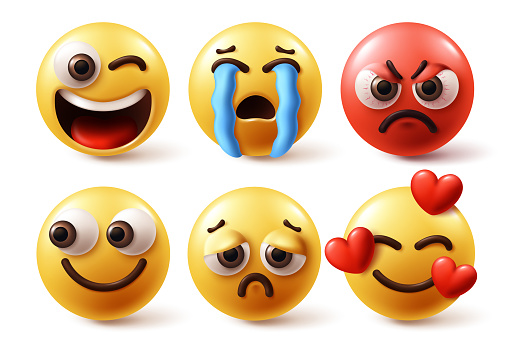 Emoji characters vector set. Emojis character like happy, crying, angry and in love facial expression in yellow and red color icon. Vector illustration graphic design elements.