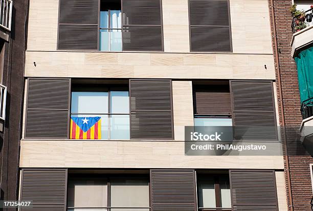 Catalonian Flag In Window Of Apartment Building Stock Photo - Download Image Now - Apartment, Backgrounds, Barcelona - Spain