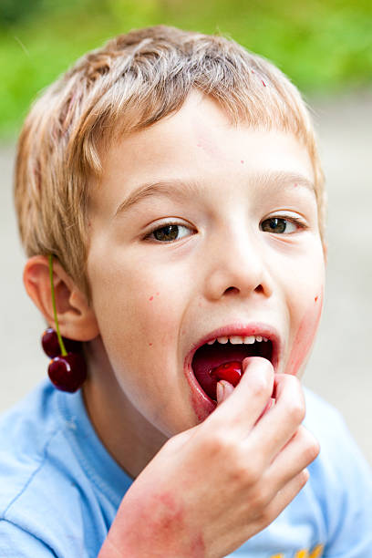 Little boy eating cherries Little boy eating cherries. tasting cherry eating human face stock pictures, royalty-free photos & images
