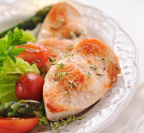istock Grilled turkey steak with potatoes,asparagus and salad 171254348
