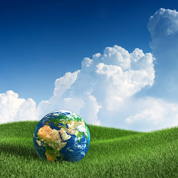 istock World globe laying on green grass. Concept image. 171254648