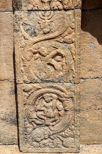 Stone relief carving at historic Airavatesvara Temple in Darasuram, Kumbakonam, Tamilnadu.