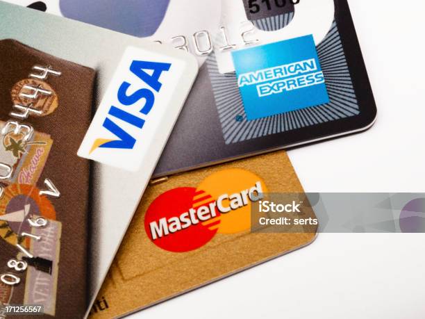 Mastercard Visa American Express Cartões De Crédito - Fotografias de stock e mais imagens de Fundo Branco