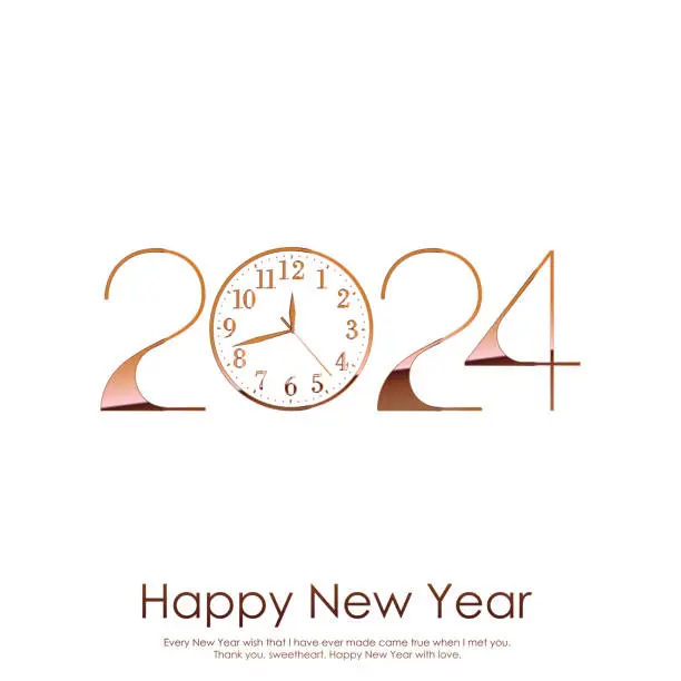 Vector illustration of 2024 Happy New Year logo text design with clock. Vector