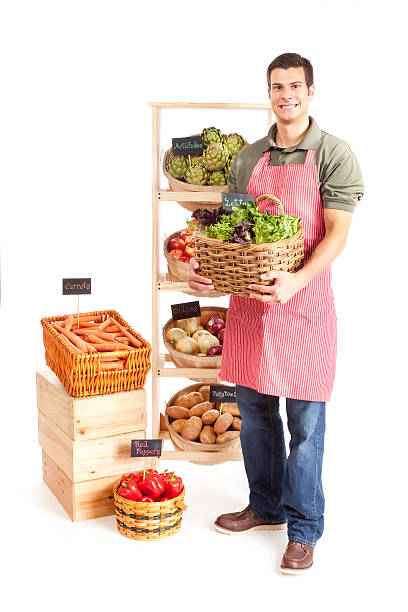 pequeños negocios dueño de la tienda de comestibles locales de compras sobre fondo blanco - artichoke vegetable isolated food fotografías e imágenes de stock