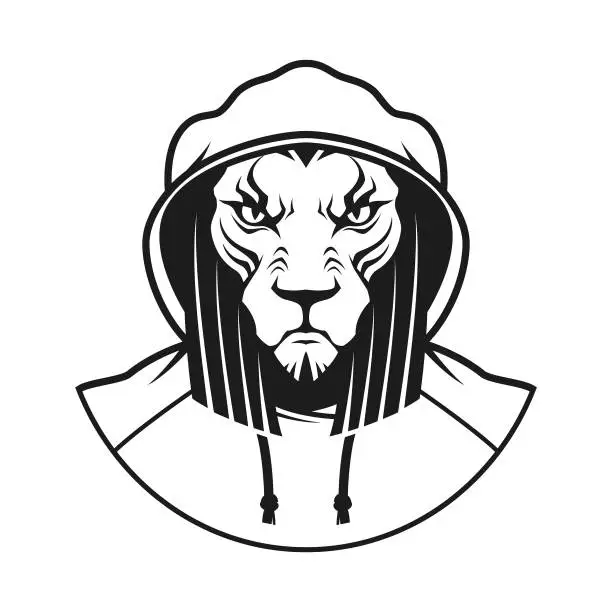 Vector illustration of Lion head in hood - cut out outline silhouette