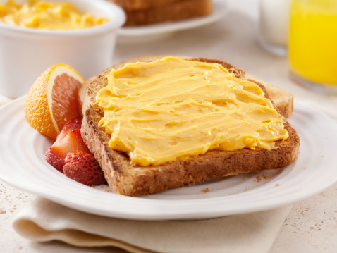 Cheese Spread on Toast with Fresh Fruit, Milk and Orange Juice- Photographed on Hasselblad H3D2-39mb Camera