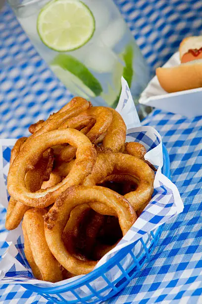 "Homemade onion rings1 onion, preferably Vidalia, peeled1 cup self-rising flour1 tablespoon sugar1 egg, beaten1 can less 3-4 Tablespoons, clear soda, 7-Up or Sprite Vegetable or canola oil for fryingSlice onions into thin rings, set aside. In a medium bowl, mix flour, sugar, egg, and soda (use amount as needed to thin the batter). Stir together until batter has a pancake batter-like consistency. Heat oil in a deep fryer or in medium heavy pot to 375 degrees. Dip onion slices in batter a few at a time. Deep fry until golden brown, remove with tongs and drain on paper towels. Serve immediately"