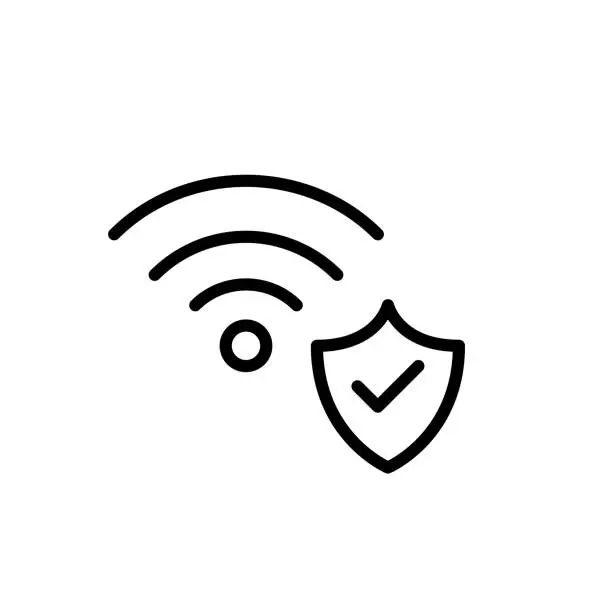 Vector illustration of Secure wifi connection. Waves and protection shield. Pixel perfect, editable stroke