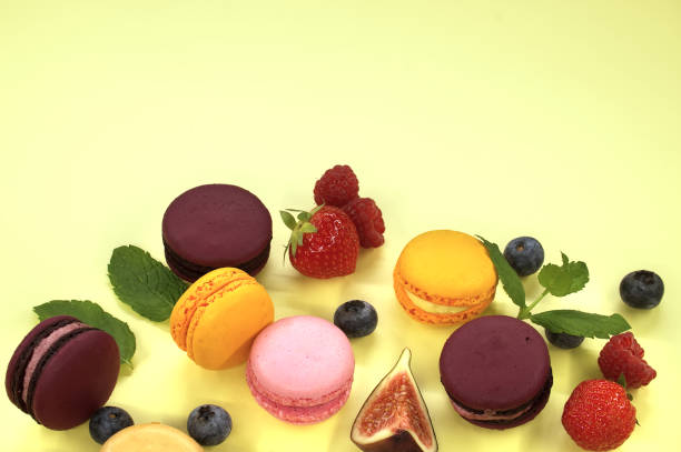 Delightful assortment of macaroons and various fruits