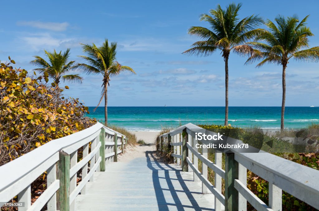 Beach Entrance, Florida Entrance to the tropical  white, sandy beach and turquoise ocean. Florida Beach Stock Photo